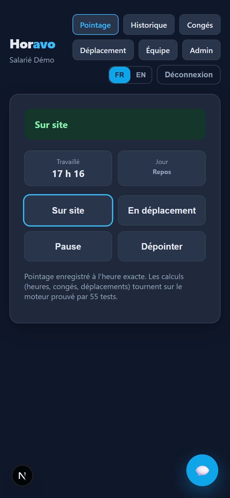 L'application Horavo de pointage sur mobile